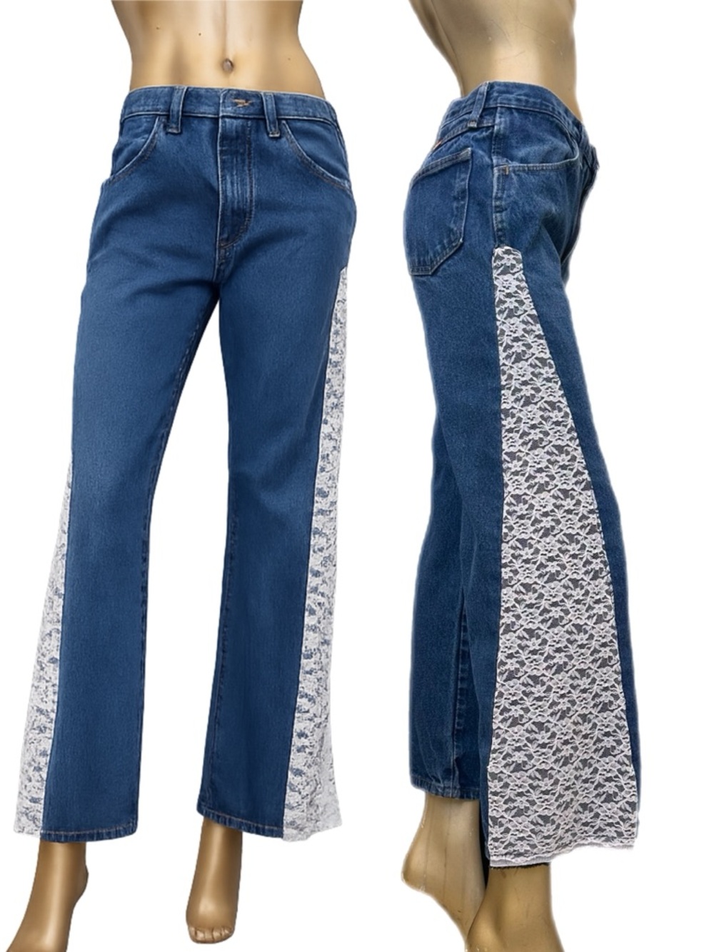 Vintage Rustler Jeans 30x30 Upcycled Lace Side Panel Denim Zipper Fly mid-rise